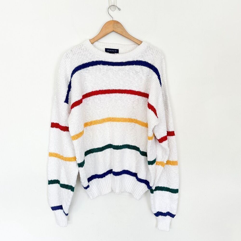 Gant Vintage Men’s Textured Oversized Cotton Primary Rainbow Stripe Grandpa Swea